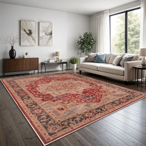 TT Home Boho Vintage Teppich Wohnzimmer Kurzflor - Retro Design, rutschfest & pflegeleicht, modern für Esszimmer & Flur Waschbar, Farbe:Rot, Größe:120x160 cm