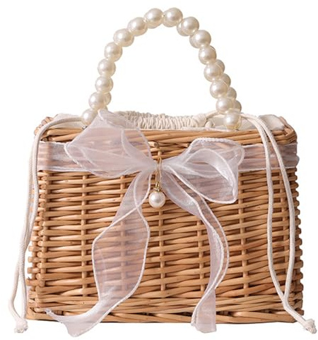 Hperu Korbtasche aus Korbgeflecht, großes Fassungsvermögen, elegante Handtasche aus Stroh mit Perlengriff und Knotenschleife oben, offenes Rattan mit Futter, Korbtasche für den Sommerstrand – Rattan