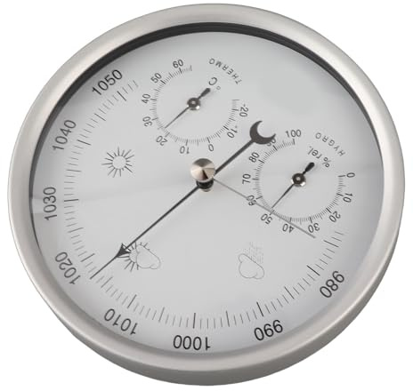 Ycauty Aluminum Alloy Round Weather Station Barometer Hygrometer Thermometer Indoor Outdoor Silver 13.3cm Lightweight Easy Installation Home Patio