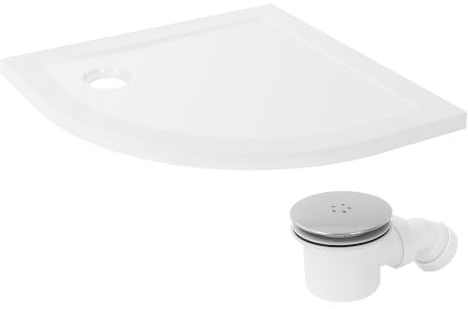 LuxeBath Piatto Doccia Semicircolare 80x80 cm Slim, Salvaspazio, in SMC, Ultra Piatto, Altezza 40 mm, Bianco, Raggio 55 cm, con Piletta e Sifone, Gruppo di Scarico Completo 3 Modalita di Installazione