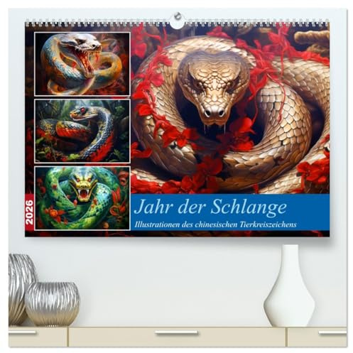 Jahr der Schlange - Illustrationen des chinesischen Tierkreiszeichens (hochwertiger Premium Wandkalender 2026 DIN A2 quer), Kunstdruck in Hochglanz: ... chinesische Tierkreiszeichen (CALVENDO Tiere)