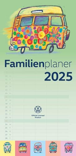 arti promotion - VW 2025 Familienplaner, 22x45cm, Kalender mit bunten VW Modellen, 5 Spalten, viel Platz für Notizen und internationales Kalendarium, mit Spiralbindung