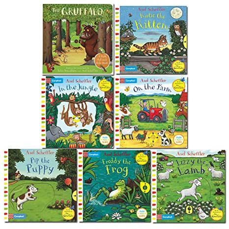 Campbell Axel Scheffler Push Pull and Slide Book Collection 7 Books Set (The Gruffalo, Katie the Kitten, In the Jungle, On the Farm, Freddy the Frog, Pip the Puppy, Lizzy the Lamb)