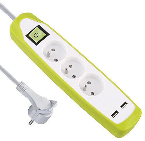 Electraline Gummy 35603 Bloc Multiprise 3 prises et 2 USB - couverture en silicone protection contre chocs - câble 2 mt - fiche plat