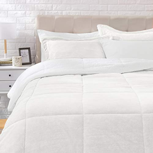 Amazon Basics 3-teiliges Daunen-Bettwäsche-Set, ultraweiches Micromink-Sherpa-Bettzeug-Set, Steppdecke 264 x 229 cm & 2 Kissenbezüge 51 x 91 cm, Cremefarben, einfarbig