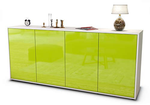 Stil.Zeit Sideboard Elana, Korpus Weiss matt, Front Hochglanz Limettengrün (180x79x35cm) Push-to-Open Technik