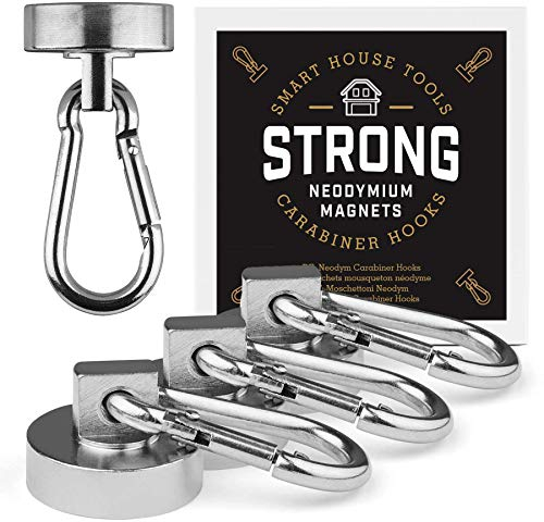 Smart House Tools Imán para olla con mosquetón (4 unidades), diámetro de 25 mm, fuerza de sujeción 22 kg, gancho magnético, imanes de neodimio, imanes extra fuertes