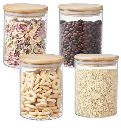 ORNAMI Airtight Glass Pantry Storage Canister Jar with Bamboo Lid | BPA-Free, Clear Kitchen Storage Jar (4 Pack, 0.8L)