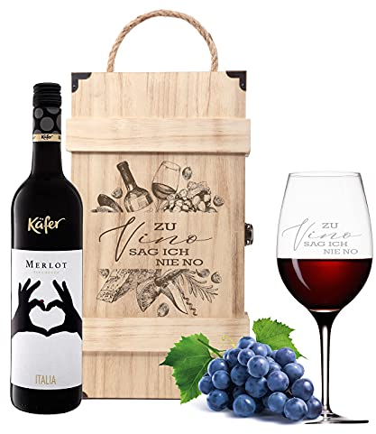 Leonardo Weinglas mit Gravur - Zu Vino sag ich nie no - Geschenk für Hobby-Sommelier & Weinliebhaber - Weingläser - Geburtstagsgeschenk für Frauen & Männer im Geschenkset: Weinflasche & Holzkiste
