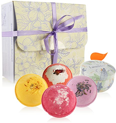 Robin Goods® 5-teiliges Badekugeln-Set - Sojawachskerze - Badebomben zum Entspannen - Geschenkset für Muttertag, Valentinstag und Geburtstag (4 Stück - mit Duftkerze)