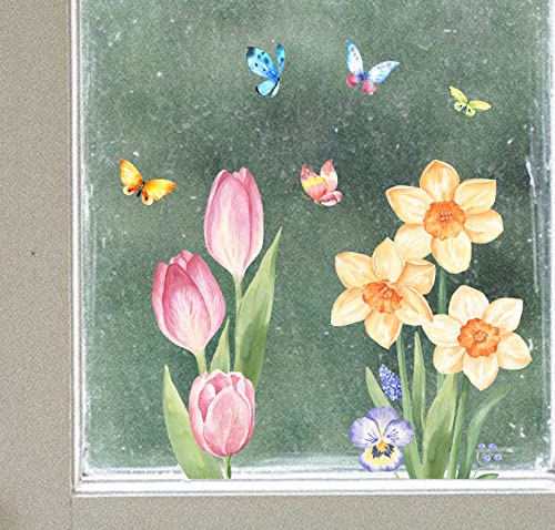 wolga-kreativ Fenstersticker Fensterbilder Blumen Tulpen Narzisse Frühling Aufkleber Sticker Fenster Küche Küchenfenster wiederverwendbar Sichtschutz