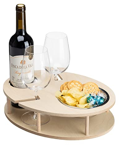 INEXTERIOR WeinBar - Weinhalter für die Couch - Handgefertigt in Deutschland - Couchbar - Sofatablett - Weinregal - Snackschale - Snackhalter (Natur, Mit Gravur)