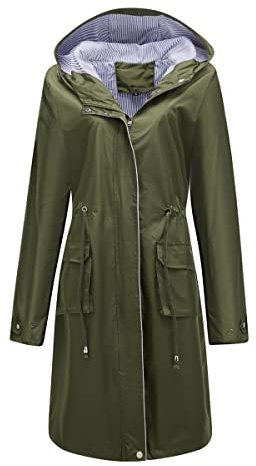 YUNCLOS Femme Manteau Imperméable Elégant Coupe-Vent à Capuche Long Veste de Pluie Slim Fit Couleur Unie,Vert,M