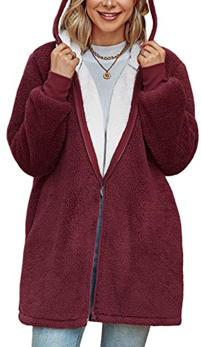TOMEEK Giacca in Pile con Cappuccio Lungo da Donna Oversize Manica Lunga Soffice Cappotto in Peluche Caldo Giacca in Pile Teddy Giacca Invernale con Cappuccio Capispalla Cardigan, Vino Rosso,M