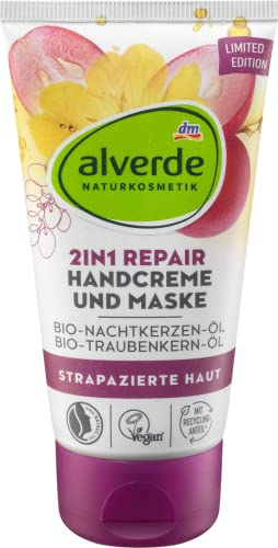 alverde NATURKOSMETIK TRÄUM SCHÖN 2in1 OVERNIGHT HANDCREME & Handmaske Lavendel Nachtcreme für trockene Hände, 75 ml (Limited Edition)