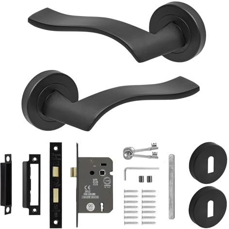 Decoranddecor Matt Black Door Handles Internal Lock and Keys Curved Lever | CE marked, two keys, built to last, Bedroom Door Handle with Lock, fits 35-45 mm doors, Emblaze Range