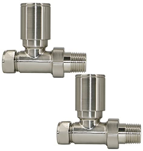 Warmehaus Pair of Straight Radiator Valves Satin Nickel | for Heated Towel Rail Radiator, Solid Brass, 15mm Inlet, Central Heating