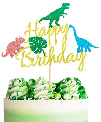 Arthsdite Dinosaur Happy Birthday Cake Topper with Leaves, 1pc, Non-toxic Plastic, 4.6W x 5.7H, Ideal for Kids Boys Birthday Party, Wedding, Baby Shower, Halloween