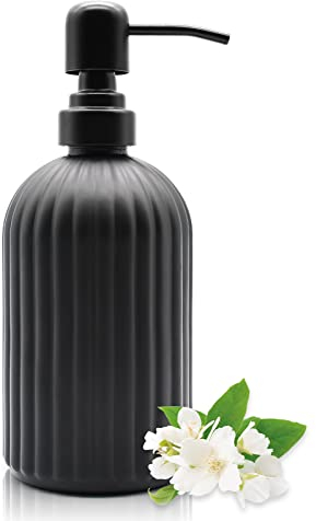 14 Oz Glass Soap Dispenser with 304 Rust Proof Stainless Steel Pump, Refillable Hand Liquid Soap Dispenser for Bathroom, Kitchen, Countertop, Laundry Room (Black)