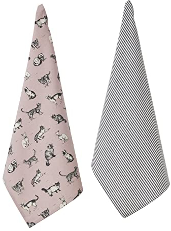 Penguin Home Set of 2 Recycled cotton Tea Towels, Eco Friendly Sustainable Plain Woven & Printed Kitchen Towels, YD Plain Weave Stripe Print Size - 50x70 cm Colour - Grey & Pink Dish Towels