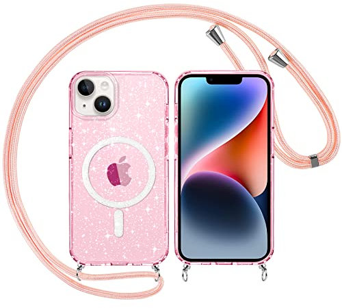 Yoedge Transparente Funda Glitter Magnética con Cuerda para Apple iPhone 15 6,1, Brillante Carcasa Compatible con MagSafe con Círculo Magnético Rosa Correa Colgante Cover Case para iPhone 15