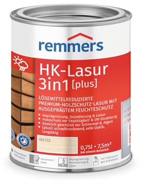 Remmers HK-Lasur 3in1 [plus] weiß, matt, 0,75 Liter, Lösemittelreduzierte Premium-Holzschutz-Lasur für außen, 3in1, schnelltrocknend, langlebig
