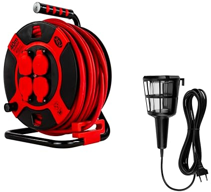 REV Handleuchte & Kabeltrommel im SPARSET - Werkstattlampe/Arbeitsleuchte 60W, Kabellänge 5m + Kabeltrommel IP44, Outdoor, 4 Schutzkontaktsteckdosen, 40m, schwarz