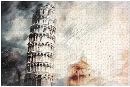 Puzzle für Erwachsene, 1000 Teile, Holz, Schiefer Turm von Pisa im Regen, 90463, (D ; 1000)
