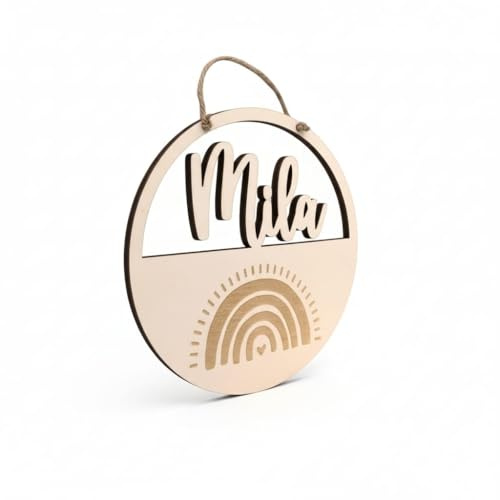 Personalisiertes Namensschild, Türschild, Holzschild Kinder Baby, Geschenk Geburt Taufe Geburtstag, Regenbogen, Patenkind, Kinderzimmerdeko (45 cm mit Ständer)