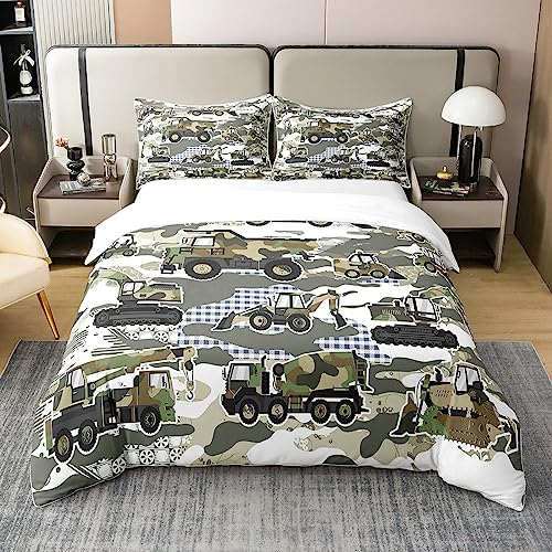 Loussiesd Camouflage Construction 100% Baumwolle Bettwäsche Set 155x220cm Camo Equipment Trucks Bettbezug Set Baumwolle Bettwäsche Set Auto Bagger Traktor Bettbezug Set Baufahrzeuge Bettbezug Set