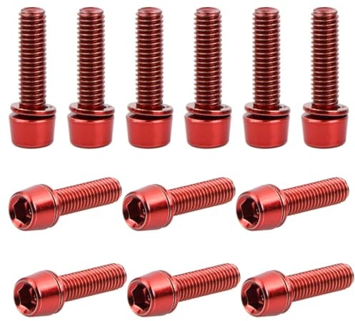 12 Pcs Bicycle Stem Bolts, M5x18mm Bike Stem Fixed Screws with Washers, 4 Colors, Stainless Steel Bike Disc Brake Caliper Bolts for Road Mountain Bicycle (Red)