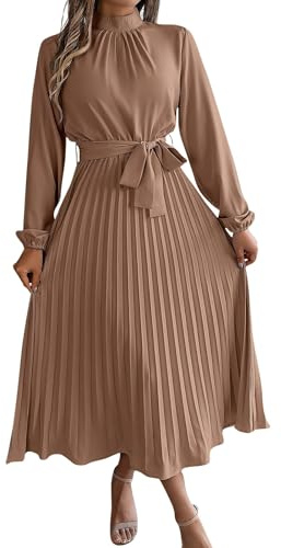 Vasreyy Kleid Langarm Damen Festliche Kleider für Einfarbig Stehkragen Herbst Lange Ärmel Plissee Mutter Tochter(Khaki, S)