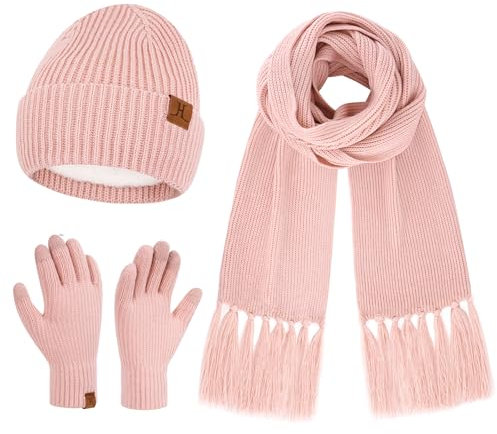 Damen Winter Warm Beanie Mütze Schal Touchscreen Handschuhe Set Thermo Wintermütze Strickmütze Lange Schals Winterhandschuhe mit Fleece Gefütterte Frauen Geschenk, Rosa