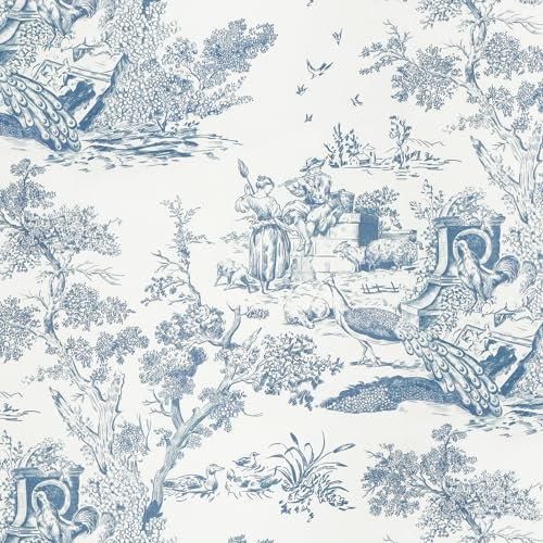 Yomshi Papier peint autocollant - 41 cm x 10 m - Bleu et blanc - Film pour meubles - Autocollant vintage - Motif arbre et animal - Pour mur, salon, chambre à coucher