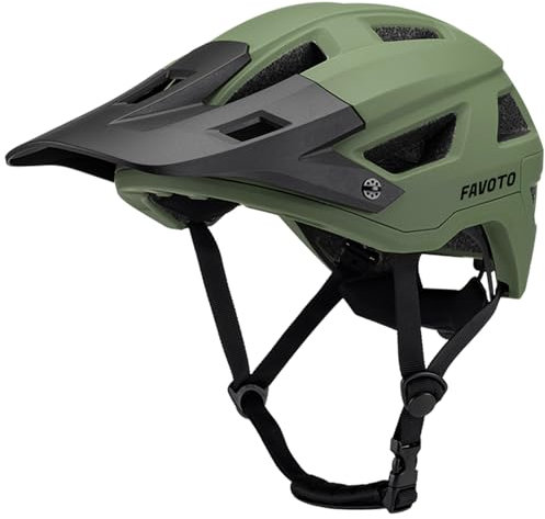 Favoto Casque de Vélo Tout-Terrain - Technologie Double Inmould Casque VTT Cyclisme Léger avec Visière pour Adultes Certifié CE M 55-58cm Réglable Vert Militaire