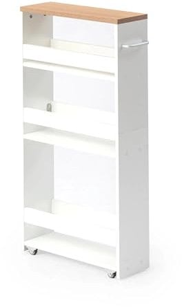 FetiNes Carrello per Nicchia con Ruote, 4 Livelli, Servizio Stretto Salvaspazio, Carrello da Cucina Bagno Sottile Multiuso 40x14x80cm,Rovere Chiaro+Bianco