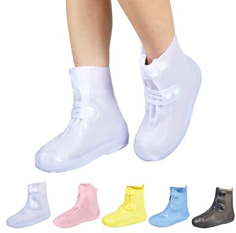 Dream Apparel Waterproof Rain Shoe Covers for Women Men, Non-Slip Reusable Foldable Boot Covers Rainproof Overshoes Over Shoes Galoshes (White, Size L)