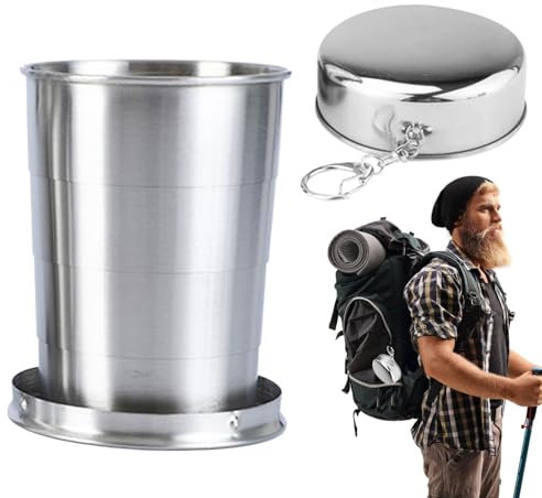 250ml Becher Faltbar Edelstahl, Camping Edelstahl Becher, Teleskopbecher Mit SchlüSselbund, Tragbarer Outdoor Reise Camping Faltbecher Metallbecher Mit Tasse Karabiner