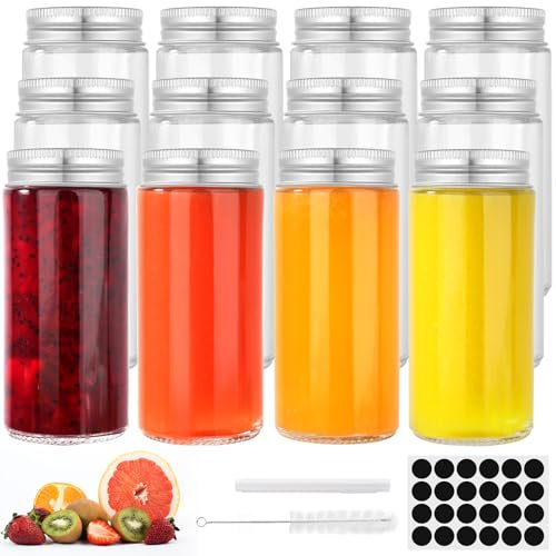 FoiiLiio 12 Pcs Mini Bouteille Verre, 120 ml Petite Bouteille en Verre avec Étiquette, Mini Bouteille en Verre Portable Pour Jus de Fruits, Jus de Gingembre, Pilules Santé et Whisky