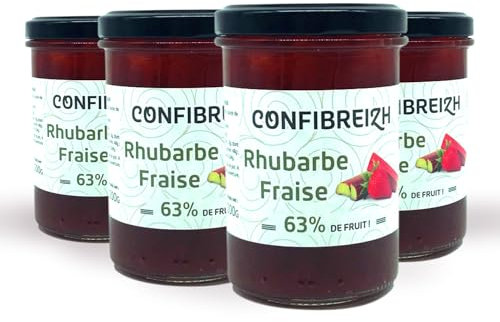 LOT 4 pots de confiture 220g Fraise-Rhubarbe - Fabrication tradionnelle au chaudron et riche en fruits - Bretagne