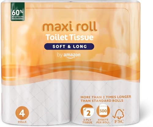 by Amazon Papier toilette (maxi rouleau), 2 plis, matelassé, doux et délicat, 4 rouleaux (1 paquet de 4), 500 déchirures par rouleau, certifié FSC