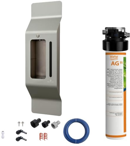 BieTal® Trinkwasserfilter für sauberes & frisches Wasser mit Aktivkohle & blupura WALL 1-leitig Edelstahl satiniert matt für dein Zuhause Praxis Büro Wohnmobil Aktivkohlefilter Wasserfiltersystem