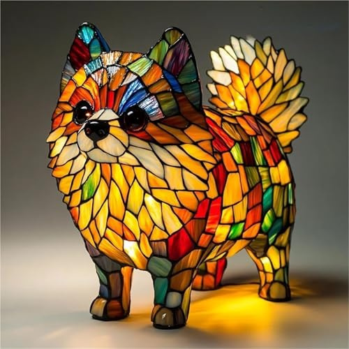 Corgi-Lampe, Dackellampe, französische Bulldogge, USB-Nachtlicht, Buntglas-LED-Tischlampe für Nachttisch, Wohnzimmer, Schlafzimmer, Tierliebhaber, Heimdekoration, Bürodekoration (Pommern, 19,8 cm)