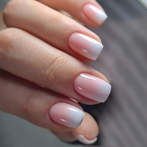 24PCS Press on Nails Short - Square False Nails with Glue - Ombre Stick on Nails for Women - Nude White Fake Nails Glue on - Full Cover Nail Tips Long Lasting DIY French Manicure