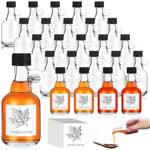 YFNVH Lot de 24 mini bouteilles de sirop en verre vides de 50 ml avec anse, autocollants en érable et couvercles, verres réutilisables pour cafés, restaurants, fêtes et cadeaux d'invités