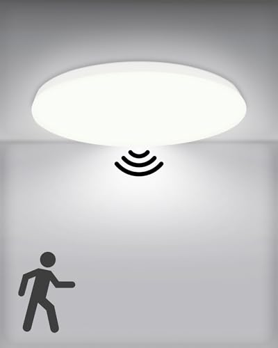 RUIQIO LED Ceiling Light Radar Motion Sensor: 12W 880LM Bathroom Lights Ceiling, 18LED 6000K Radar Sensor Ceiling Light for Bathroom, Loft, Shed, Garage, Hallway Round 9 Inch (1 Pack)