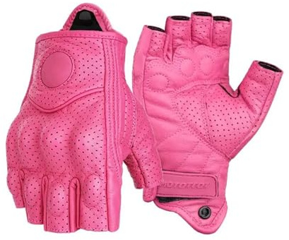 GMBAIH Personalisiertes Halbfinger Motorradhandschuhe Leder Radfahren Fingerlose Handschuhe Retro(Pink,L)