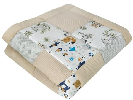 Medi Partners Krabbeldecke für Baby Spielmatte 100% Baumwolle Krabbelmatte - 120x120cm Krabbeldeck Dick Weich Decke Laufgittereinlage Babydecke Minky Waffel Spielbogen (Safari)
