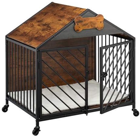 Relaxdays Hundekäfig für Zuhause, Industrial, HBT 73x70x53 cm, Hundemöbel mit Rollen, Zwinger, MDF, Stahl, braun/schwarz