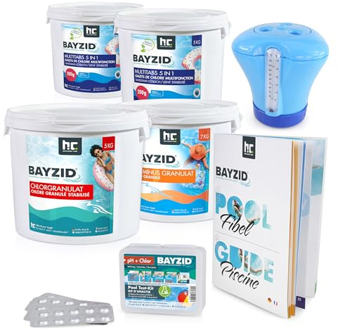 Bayzid Starterset für große Pools – Komplettes Wasserpflege-Set mit Chlorgranulat, Multi-Tabletten, pH-Minus, Tester & Dosierer – Effektive Poolpflege für sauberes Wasser